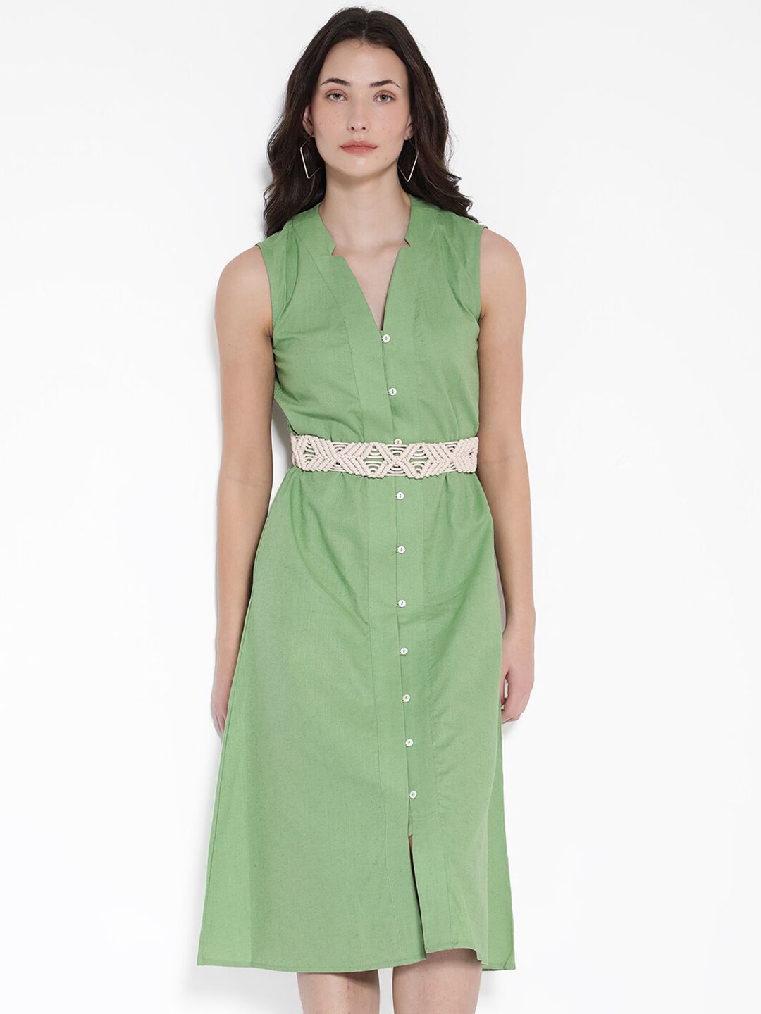 Rareism v Linen Linen A-Line Midi Dress