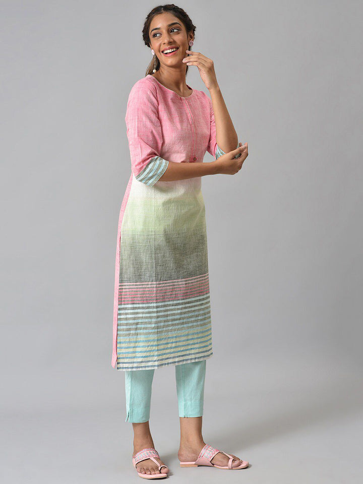 AURELIA Women Pink & Blue Colourblocked Gotta Patti Kurta