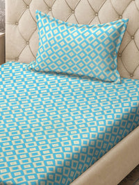 KLOTTHE Turquoise Biru & Putih Geometri Bercetak 300 TC Cadar & Sarung Bantal Single