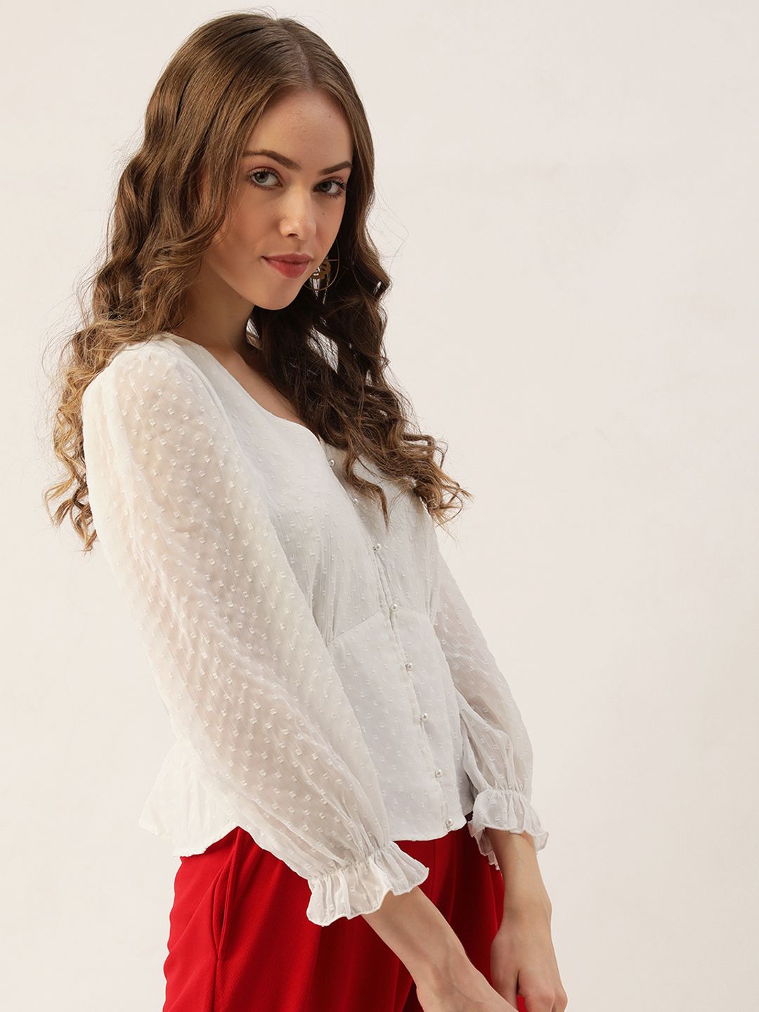 Antheaa Women White Solid Dobby Weave Top