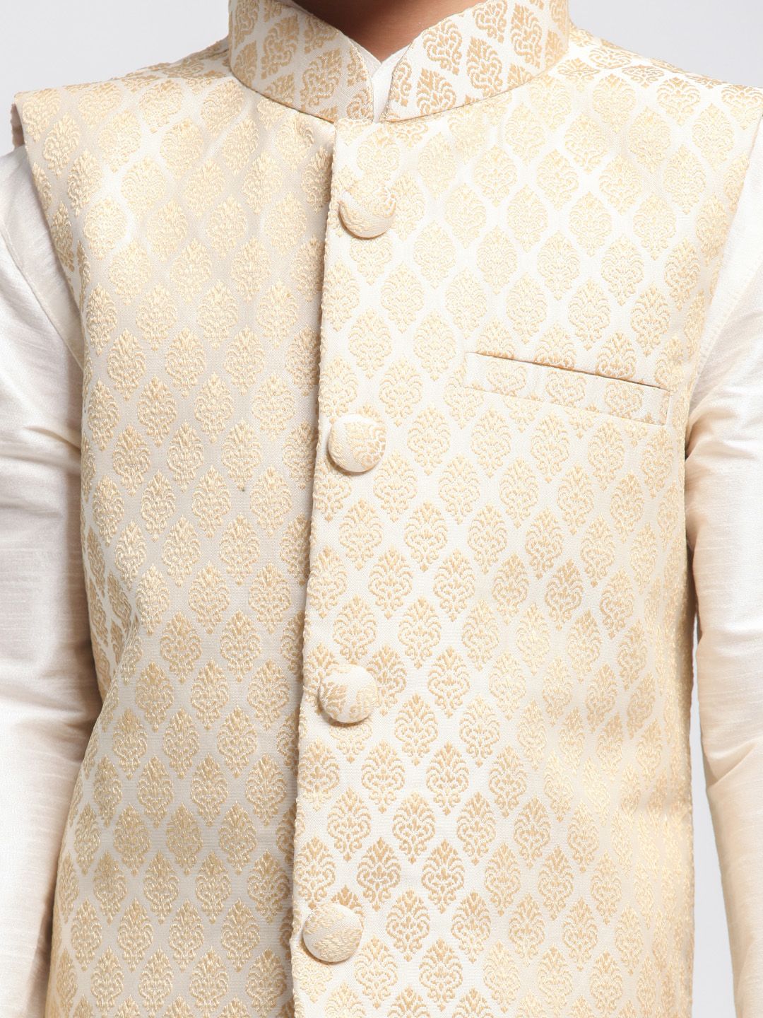 VASTRAMAY Boys Cream-Coloured Self Design Kurta with Churidar & Jacket