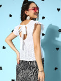 Berrylush Women Solid V-Neck Schiflli Flutter Sleeves Cotton Top
