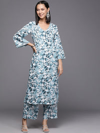 Varanga Women Floral Printed Regular Silk Crepe Kurta with Trousers