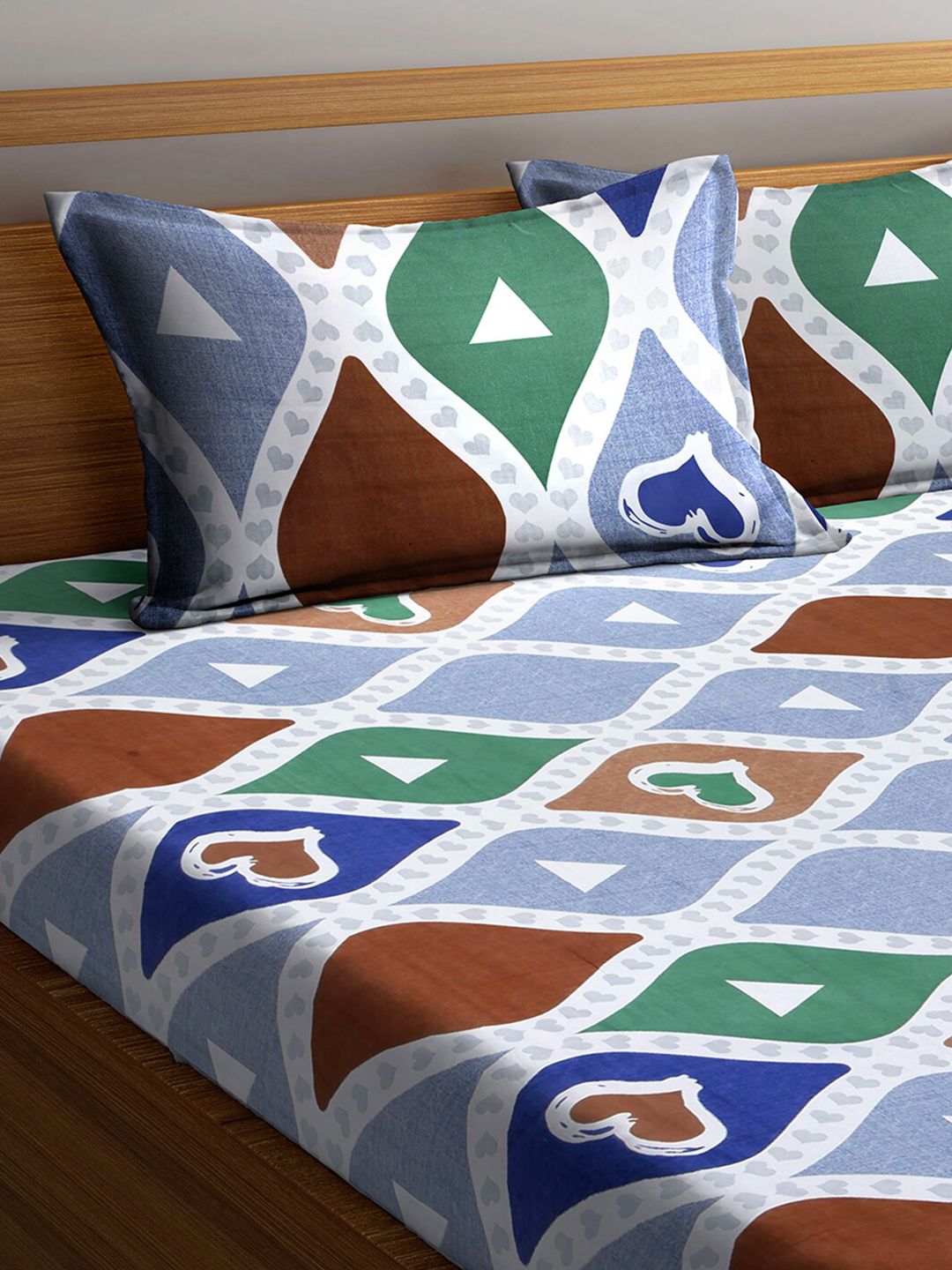 KLOTTHE Blue Geometric Cotton 300 TC King Fine Bedsheet with 2 Pillow Covers-250 x 220 cm