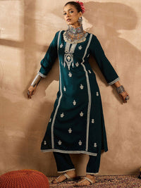 Indo Era Ethnic Motifs Embroidered Notch Neck Thread Work Straight Kurta