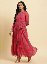 W Pink Self Design Embellished Maxi Ethnic Dress