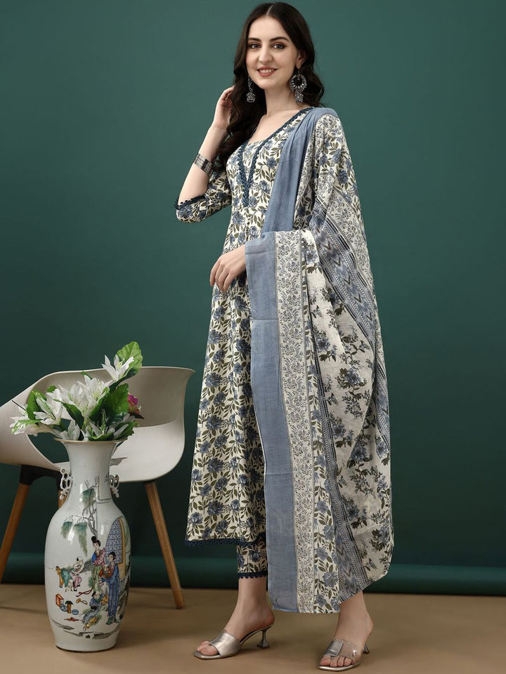 KALINI Floral Printed Pure Cotton Anarkali Kurta With Trousers & Dupatta