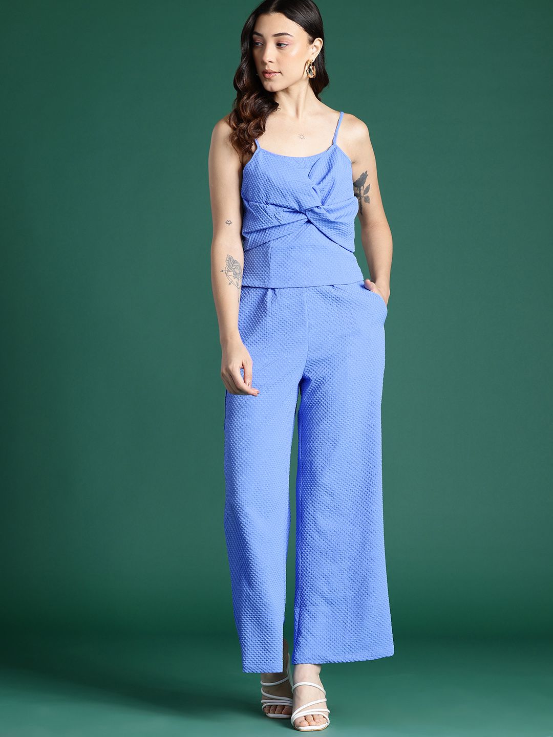 DressBerry Twisted Detail Textured Top and Trousers Co-Ord Set