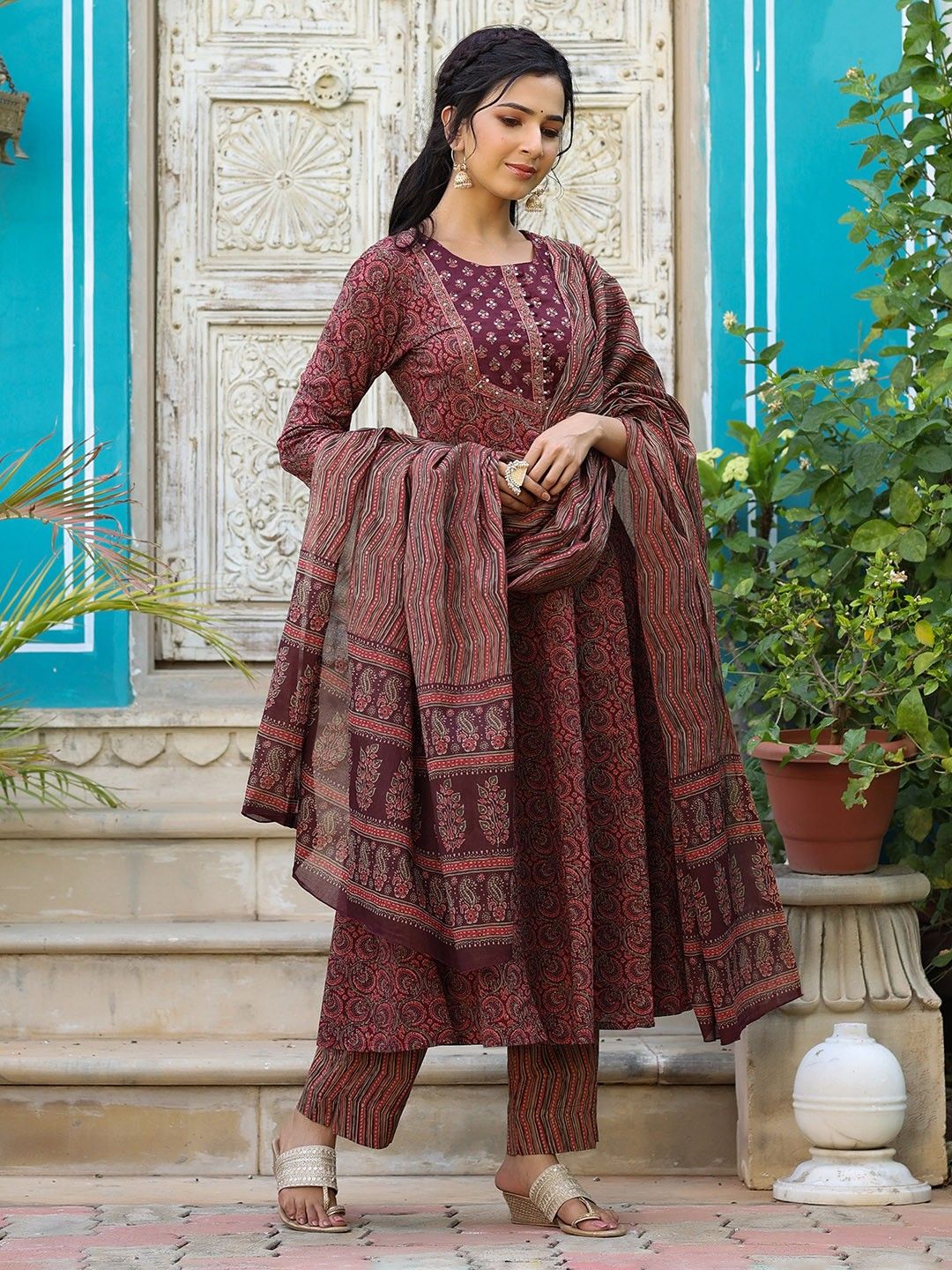 KALINI Ethnic Motifs Printed Empire Sequinned Kurta with Trousers & Dupatta