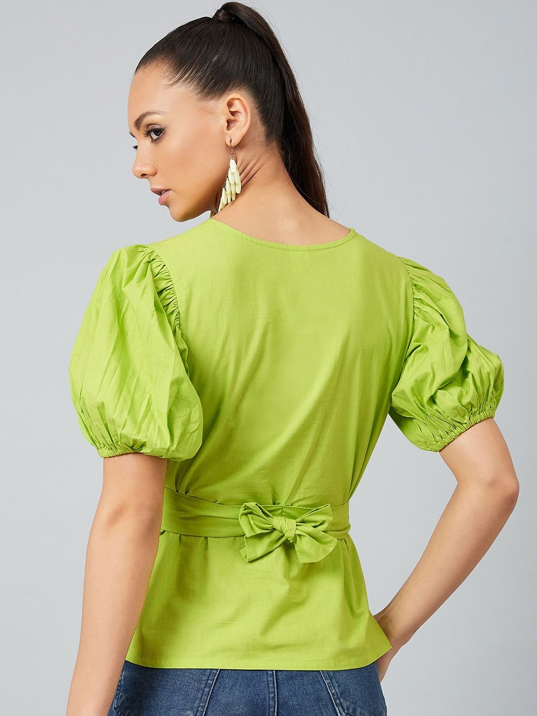 Athena Lime Green Knotted Wrap Top With Puffed Sleeves