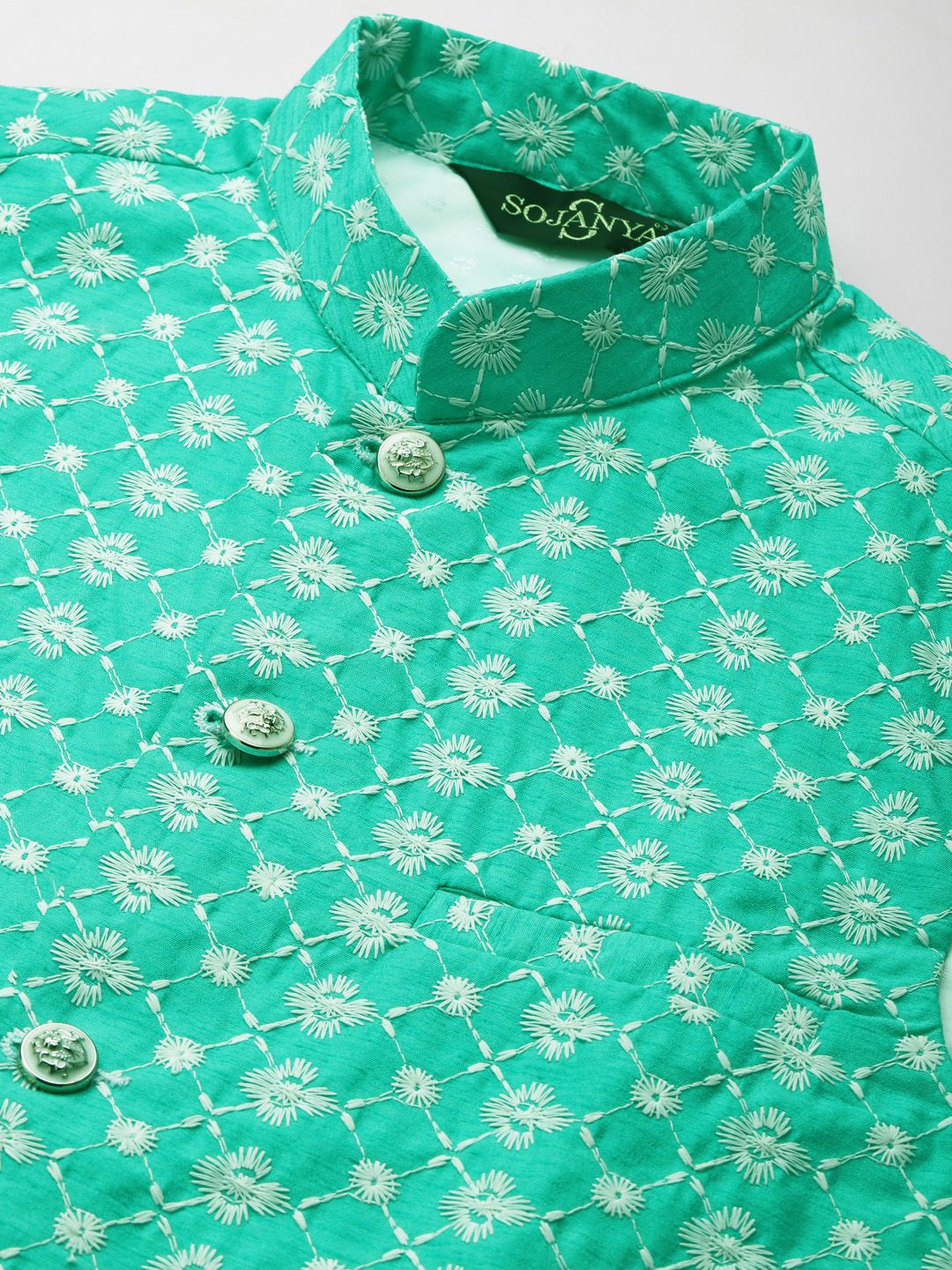 SOJANYA Men Pink & White Embroidered Thread Work Kurta with Churidar & Nehru Jacket