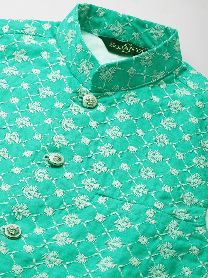 SOJANYA Kurta Kerja Benang Bersulam Merah Jambu & Putih dengan Jaket Churidar & Nehru