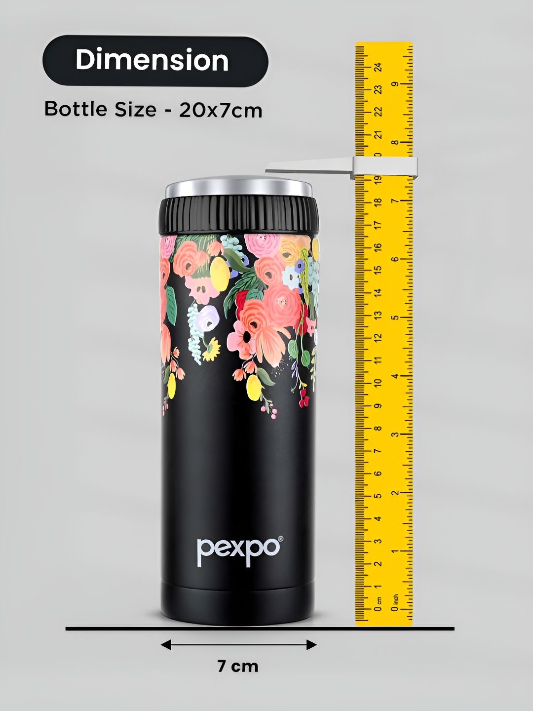 Pexpo Black & Pink Floral Printed Stainless Steel Double Wall Vacuum Water Bottle 430ml