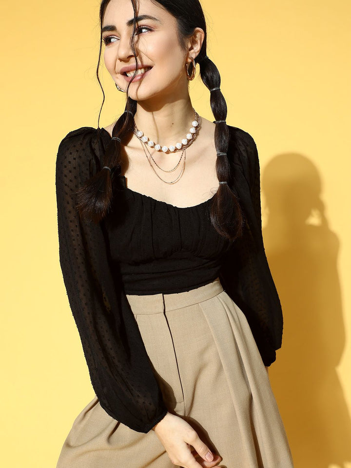 Berrylush Women Stylish Black Solid Dobby Weave Top