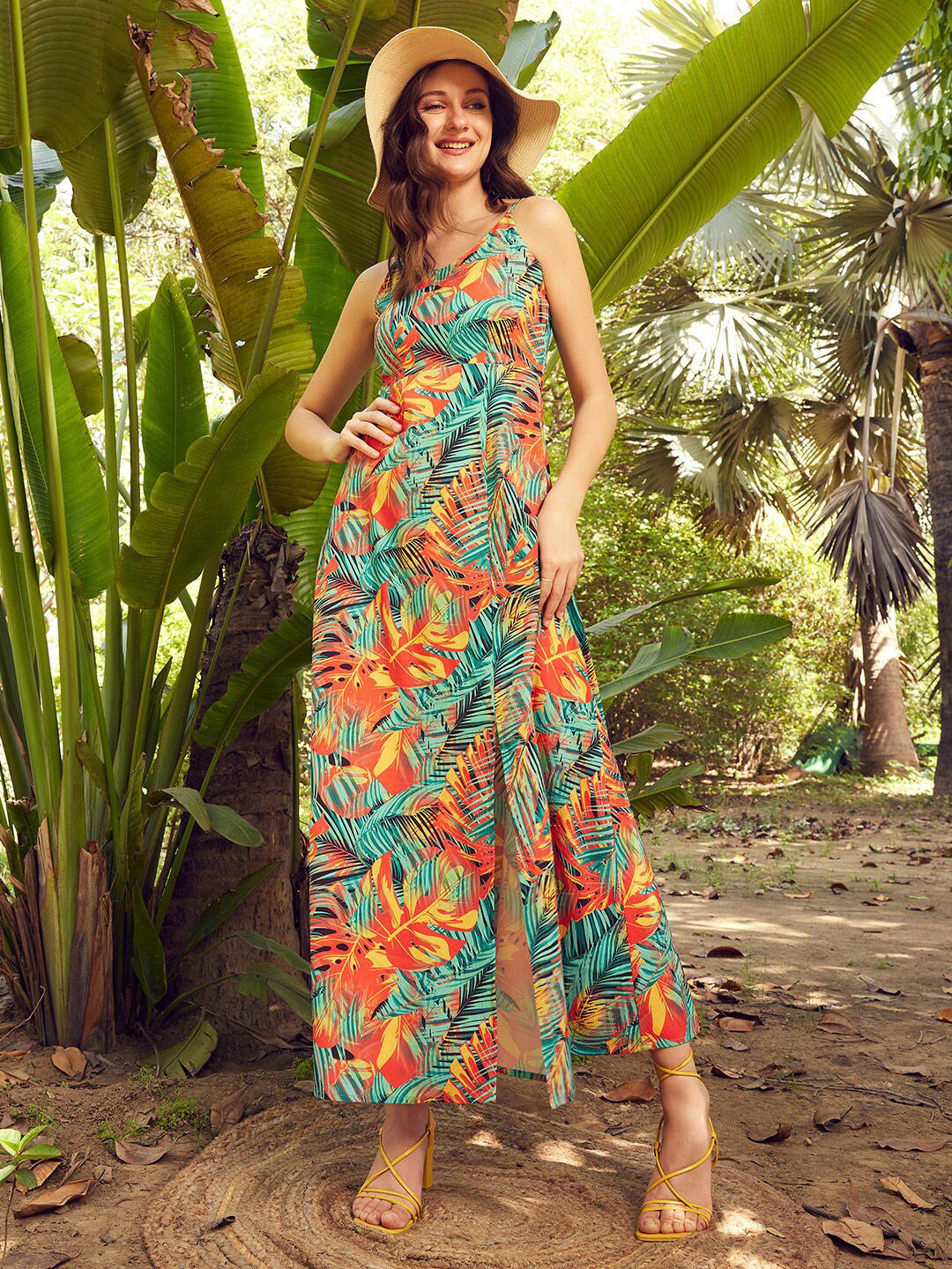 STREET 9 Tropical Printed Sleeveless Crepe Maxi Dress