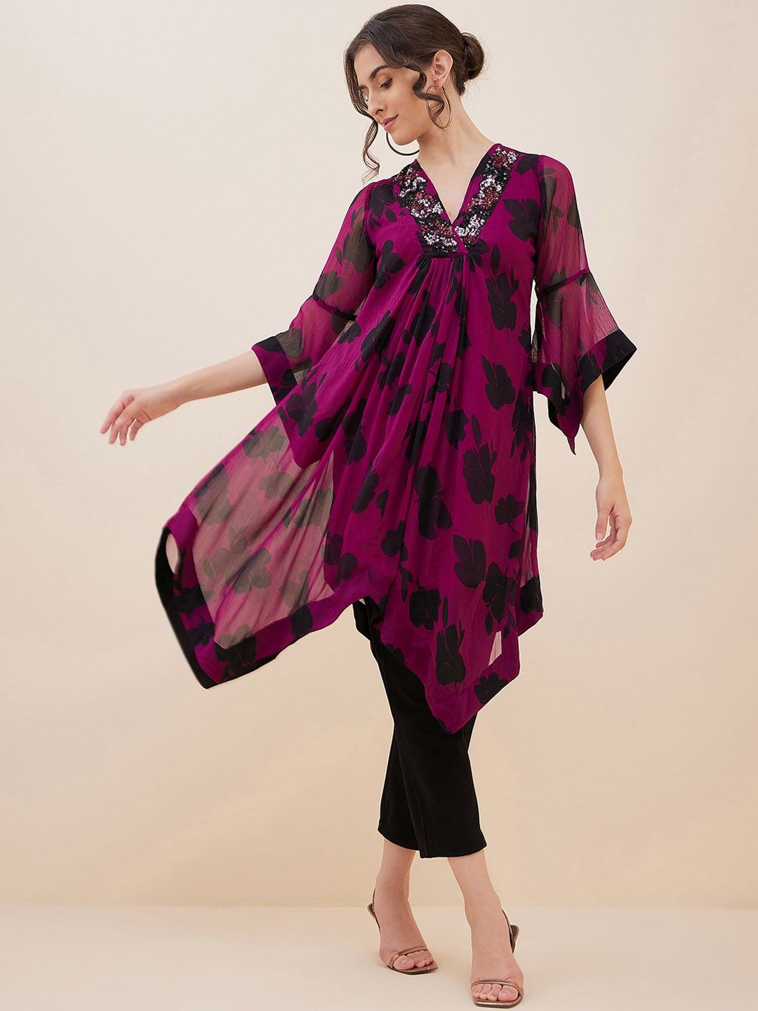 Antheaa Floral Printed Sequinned A-Line Top With Trousers