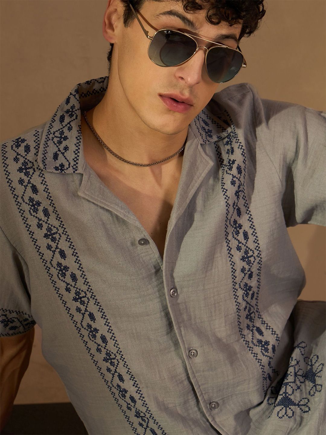 DENNISON Men Embroidered Oversized Cuban collar Short Slevees Traditional Casual Shirt