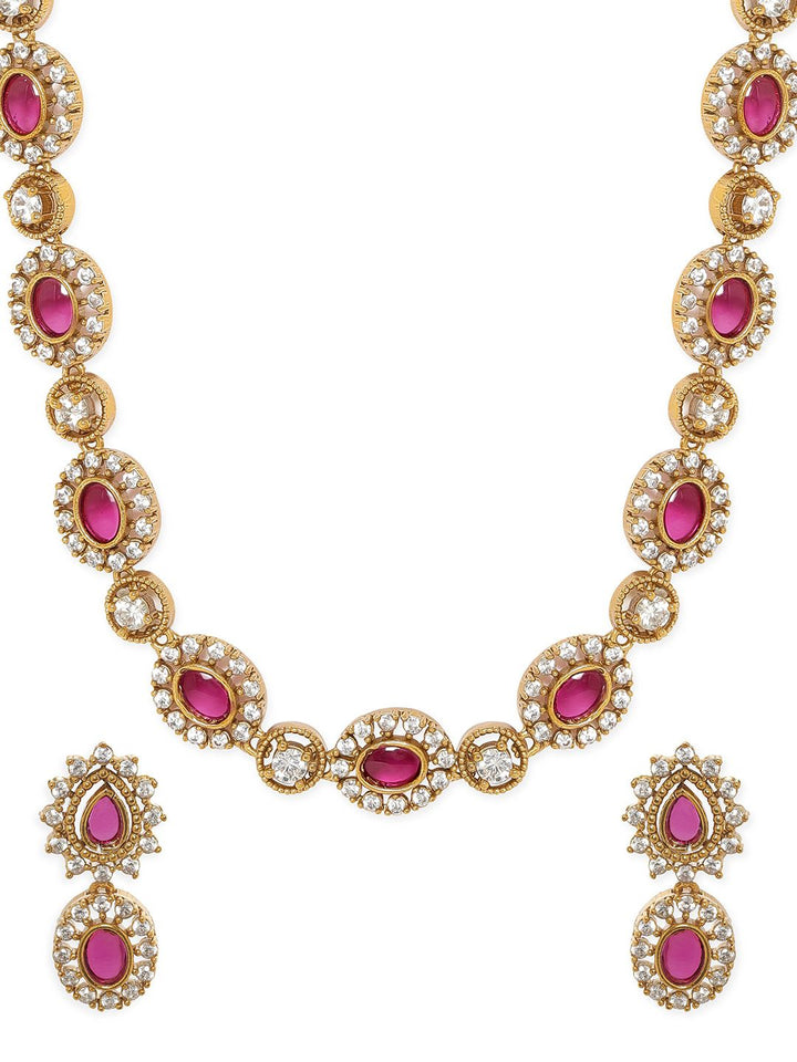Rubans 22K Gold-Plated Ruby Pink Kundan & White Zirconia Studded Classic Necklace Set
