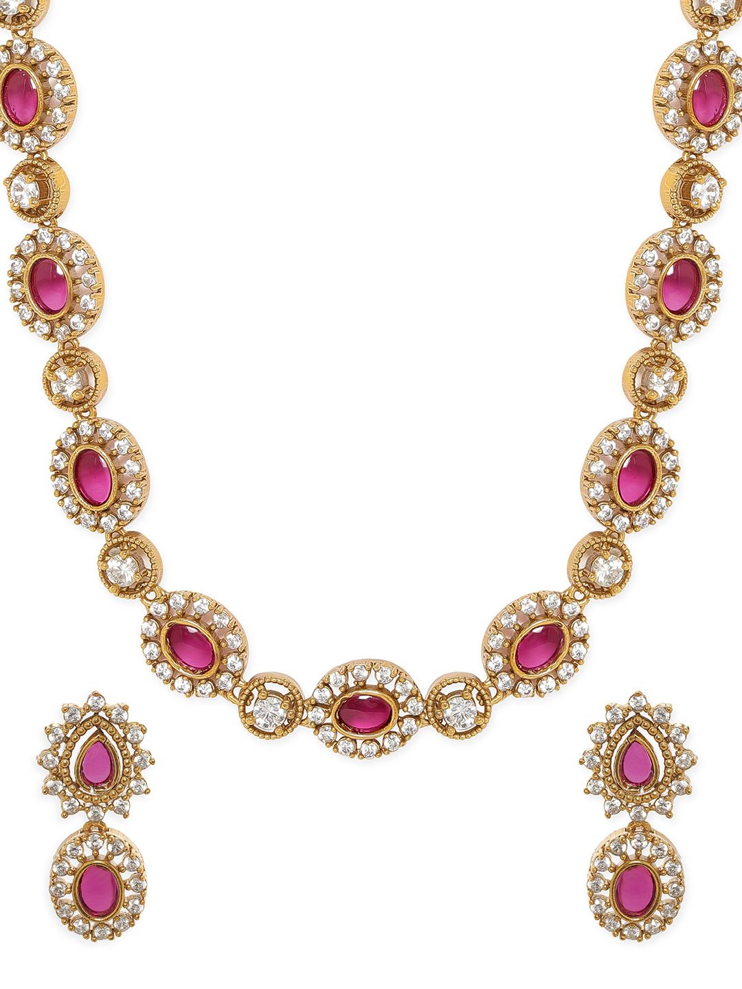 Rubans 22K Gold-Plated Ruby Pink Kundan & White Zirconia Studded Classic Necklace Set