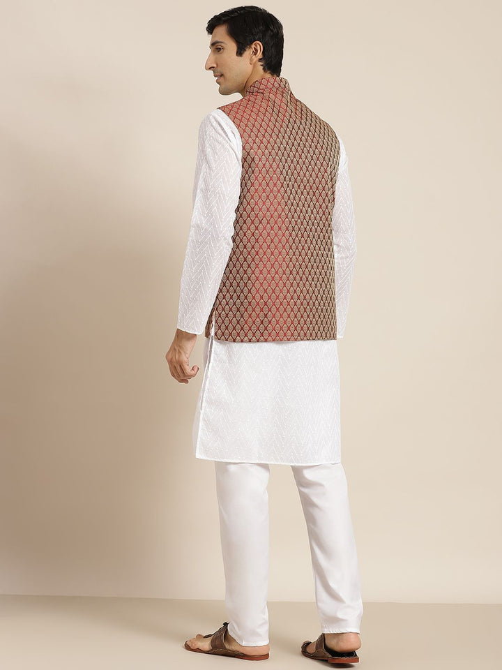 SOJANYA Men White Chikankari Pure Cotton Kurta with Churidar & Nehru Jacket