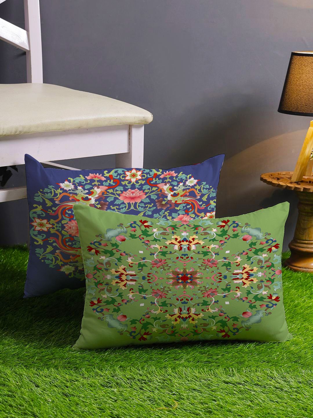 STITCHNEST Green & Blue Set of 2 Ethnic Motifs Rectangle Cushion Covers