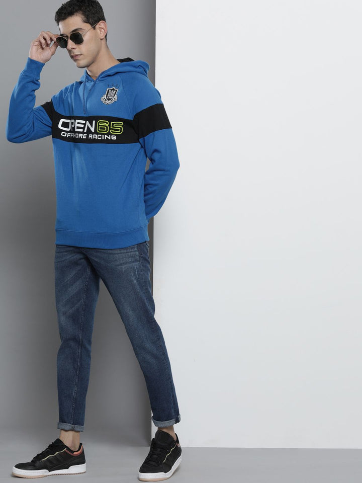 The Indian Garage Co Men Blue Printed Hooded Sweatshirt