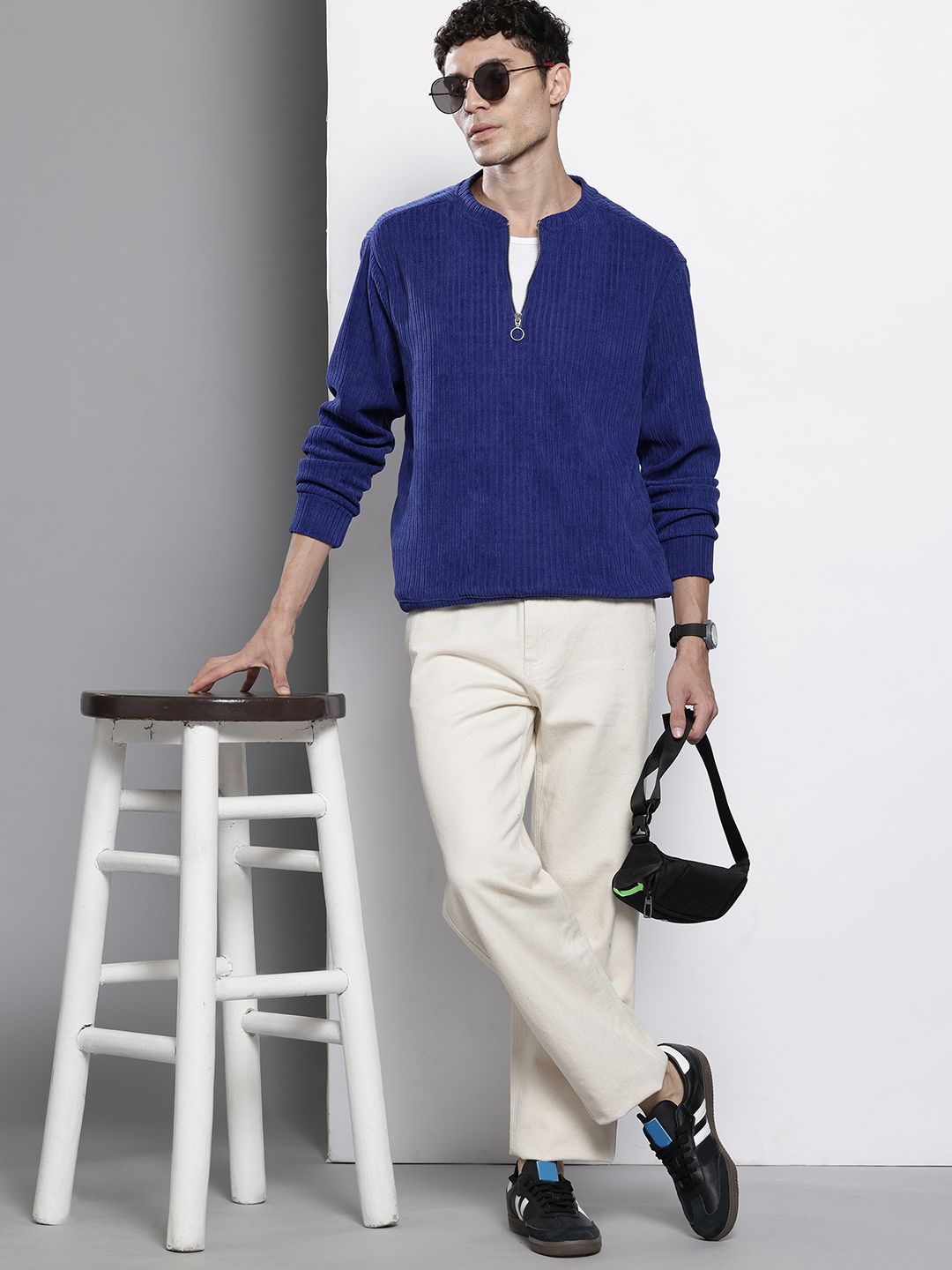 The Indian Garage Co Self Design Henley Neck Drop-Shoulder Sleeves Corduroy Sweatshirt
