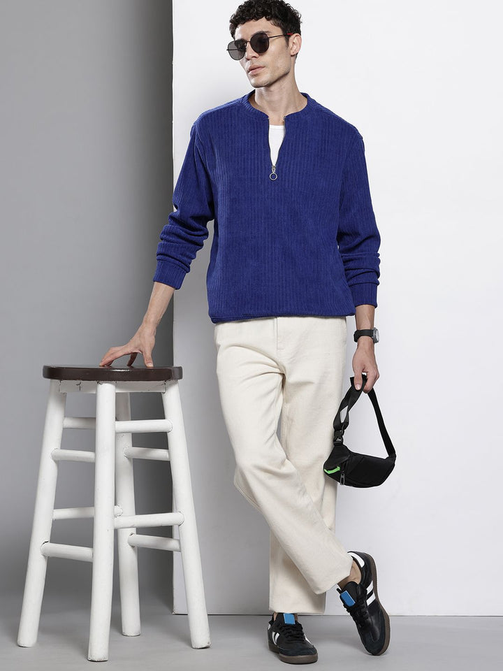 The Indian Garage Co Self Design Henley Neck Drop-Shoulder Sleeves Corduroy Sweatshirt