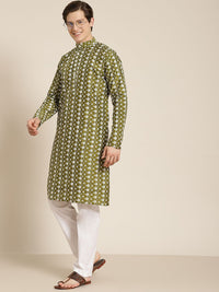 SOJANYA Men Olive Green & White Ethnic Motifs Embroidered Kurta