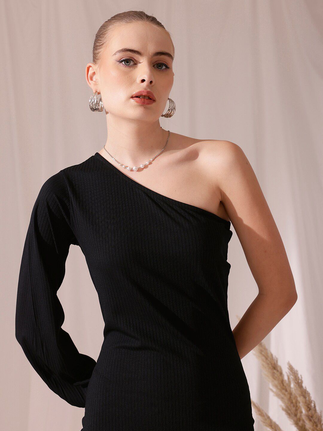 STREET 9 One Shoulder Long Puff Sleeves A-Line Dress
