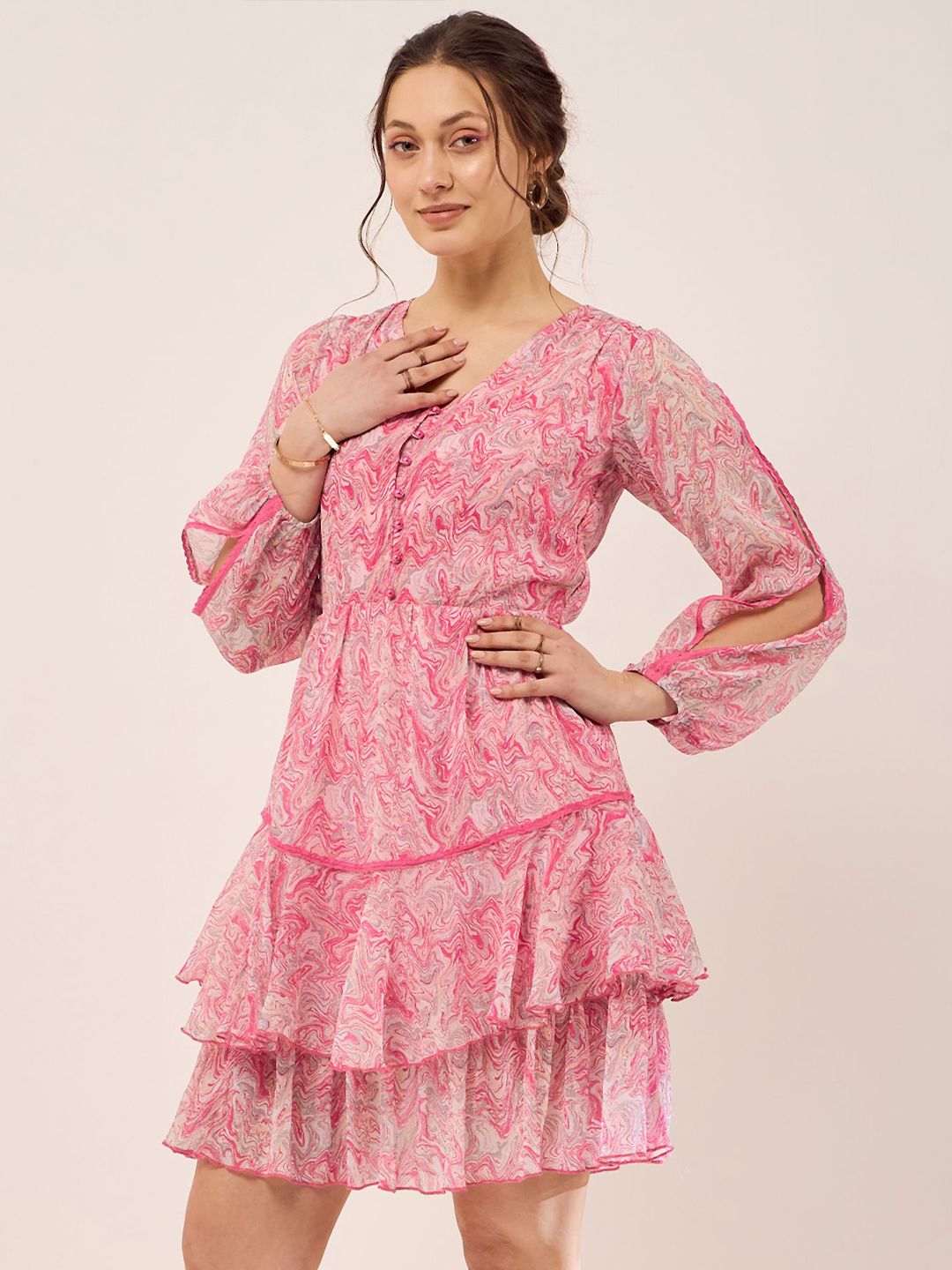 Antheaa Abstract Printed Puff Sleeves Gathered Layered Fit & Flare Dress