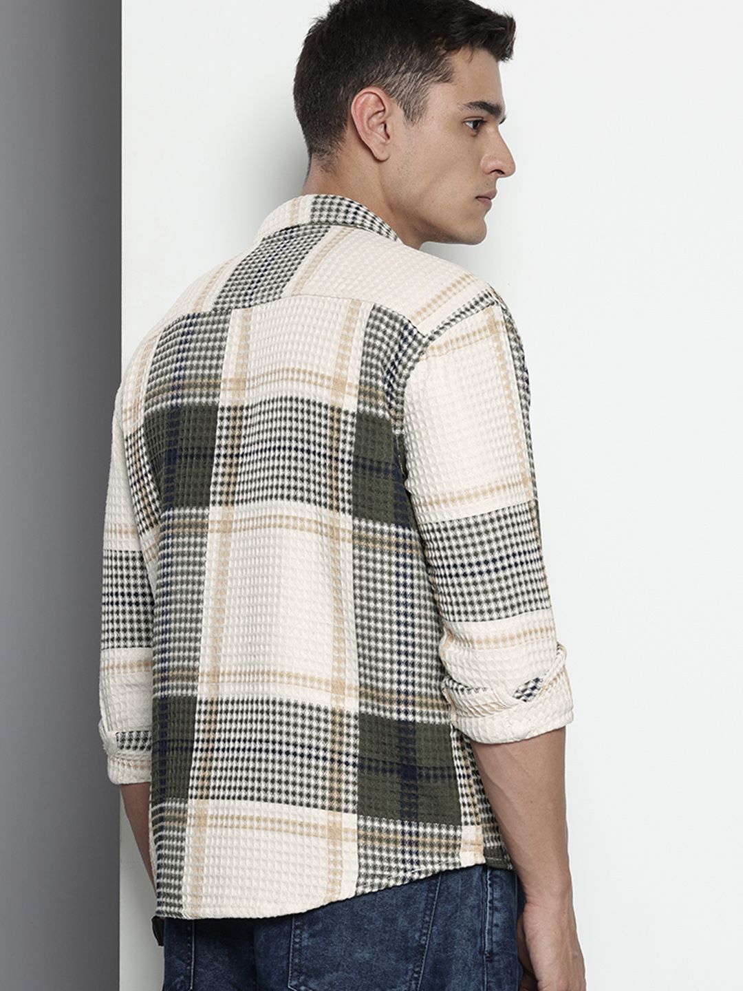 The Indian Garage Co Pure Cotton Checks Waffles Textured Opaque Relaxed Fit Casual Shirt