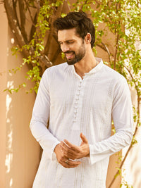 See Designs Striped Embellished Zari Mandarin Collar Cotton Straight Kurta