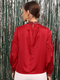 STREET 9 Jewel neck Puffed Sleeves Satin Top