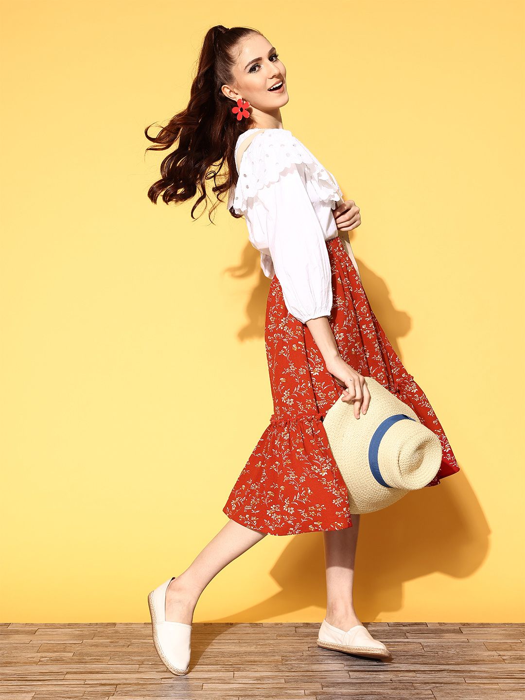 Berrylush Attractive Red Floral Indie Gal Skirt