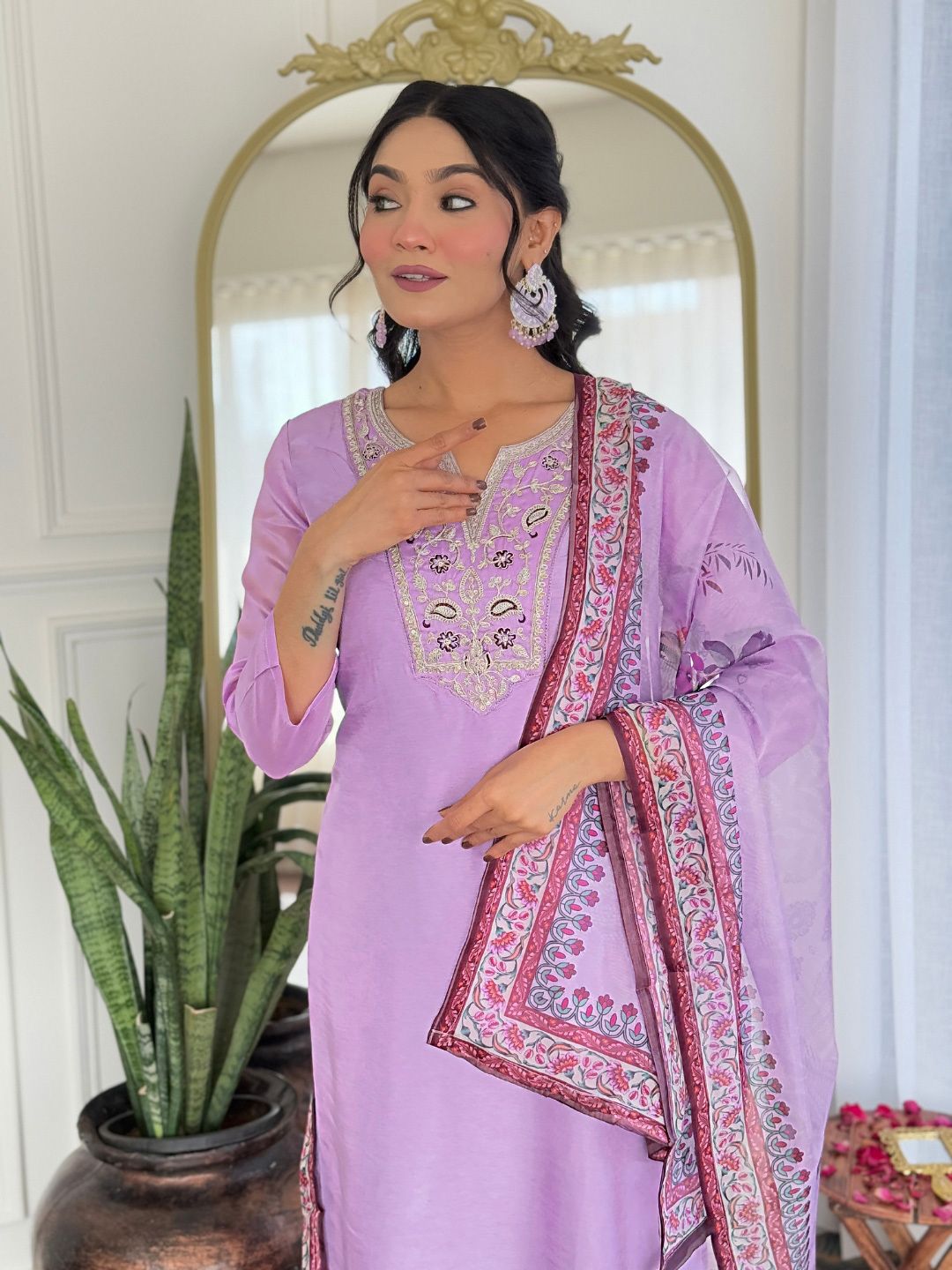 KALINI Women Floral Embroidered Regular Thread Work Kurta with Trousers & With Dupatta