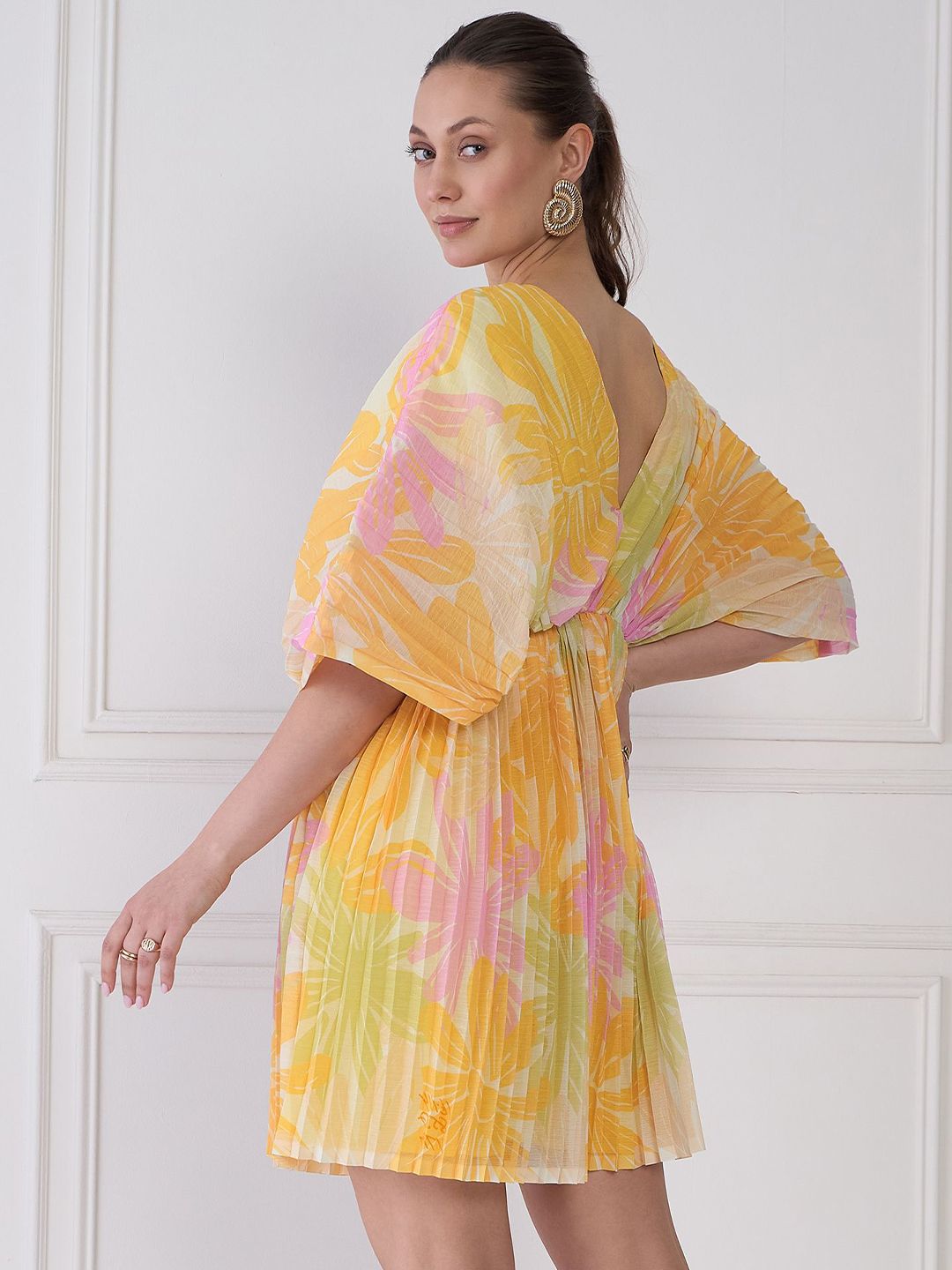 Antheaa Yellow & Pink Floral Print V-Neck Extended Sleeves Chiffon Fit & Flare Dress
