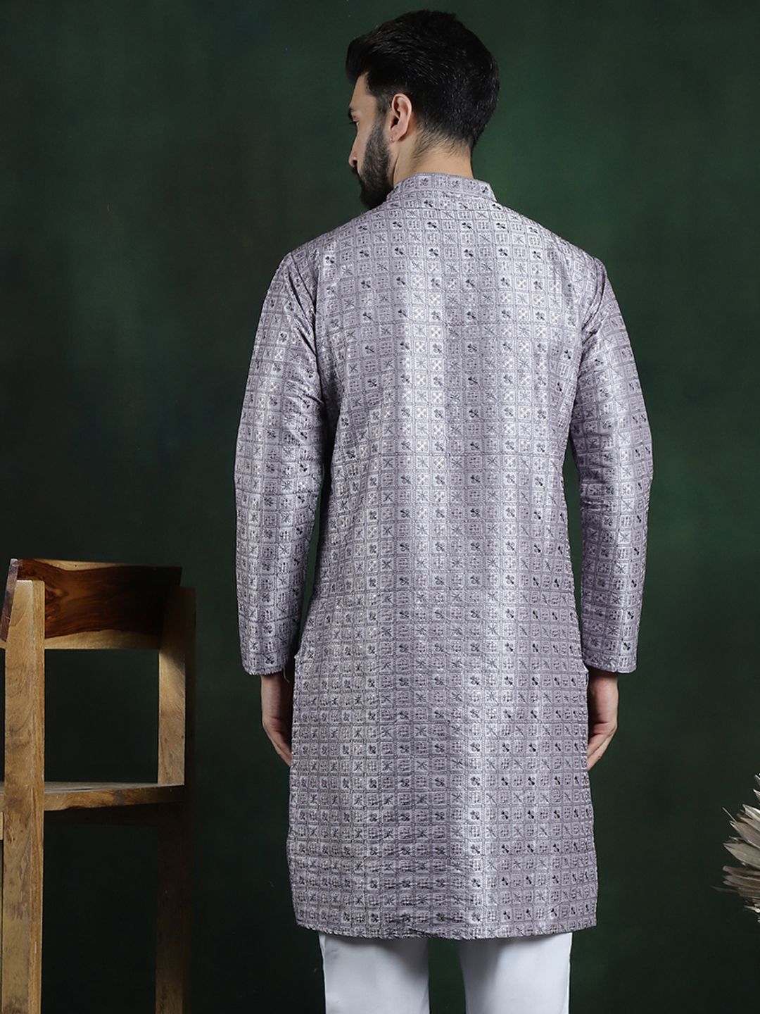 SOJANYA LUXE Geometric Woven Design Benang Kerja Kapas Sutera Kurta Lurus