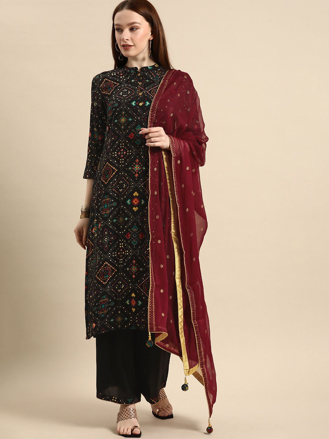 Anouk Women Black Ethnic Motifs Printed Kurta with Palazzos & With Dupatta