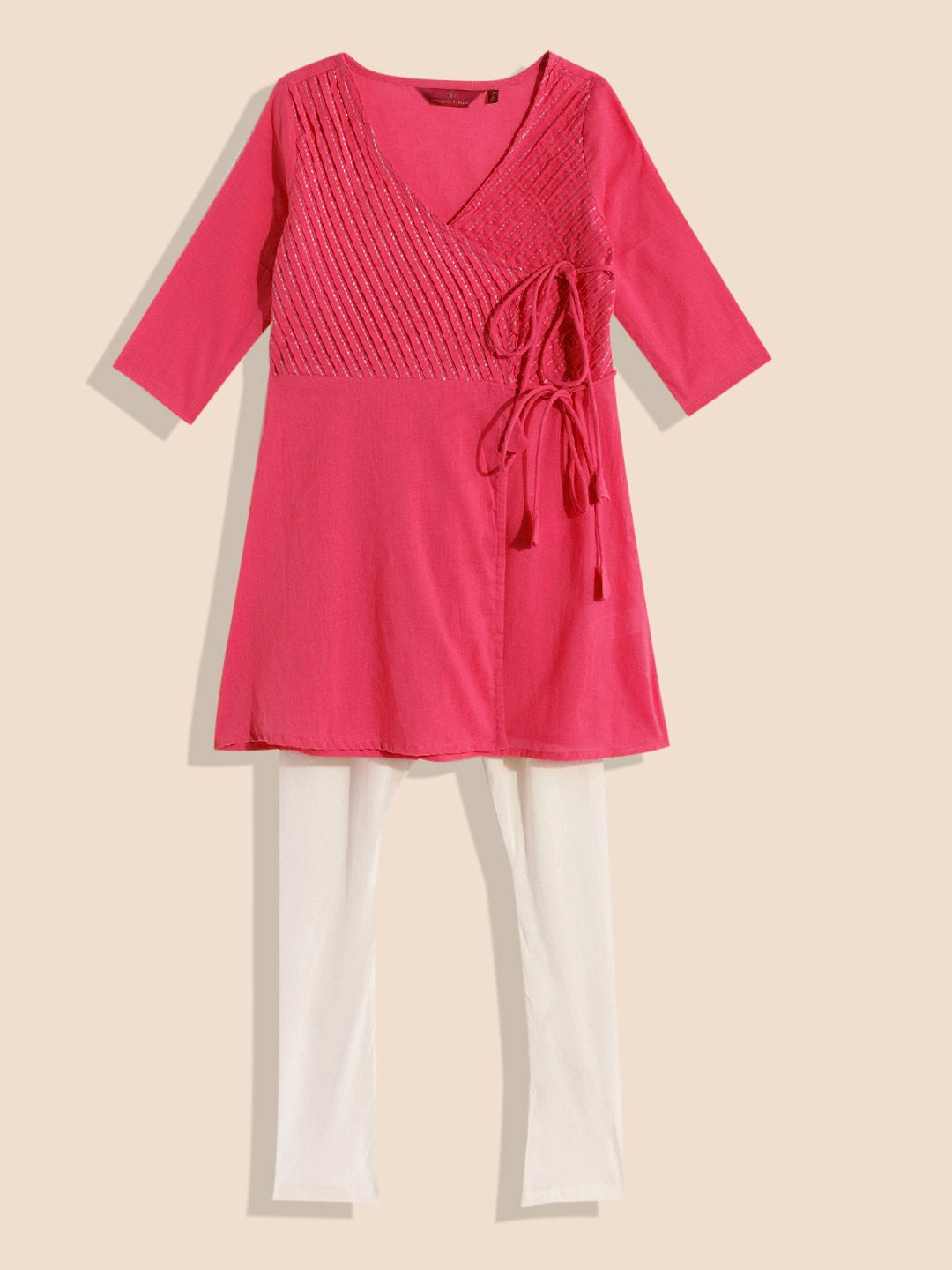 House of Pataudi Girls Rozana Angrakha Pure Cotton Kurta with Pyjamas