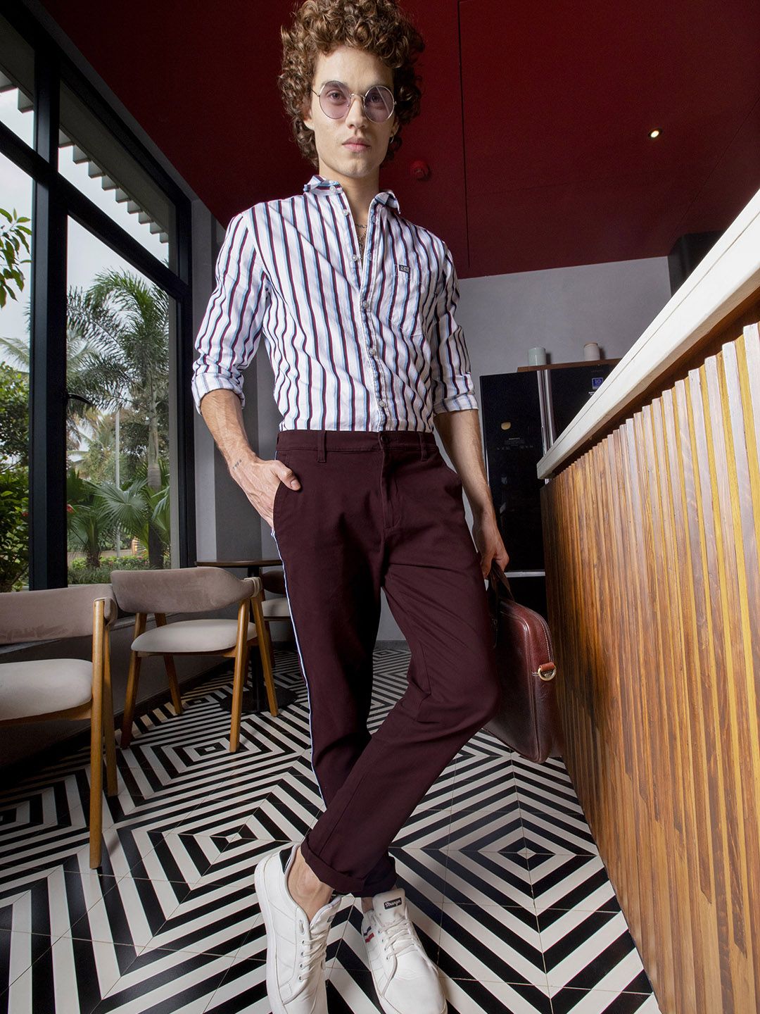 The Indian Garage Co Men Burgundy Slim Fit Solid Chinos