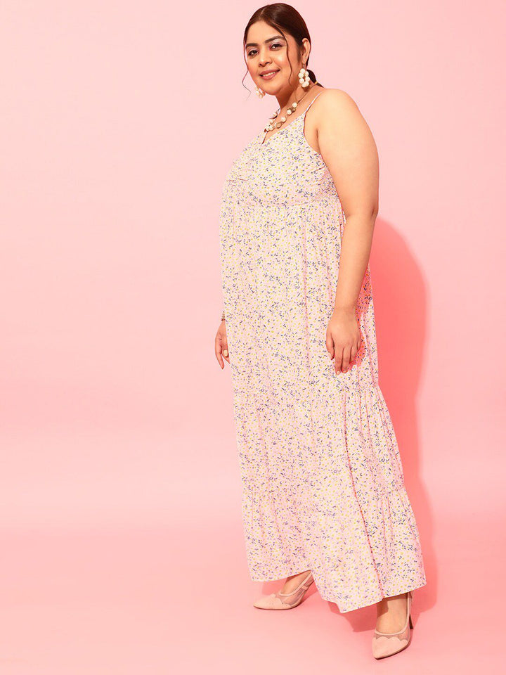 CURVY STREET Plus Size Peach-Coloured & White Floral Printed Shoulder Straps A-Line Dress