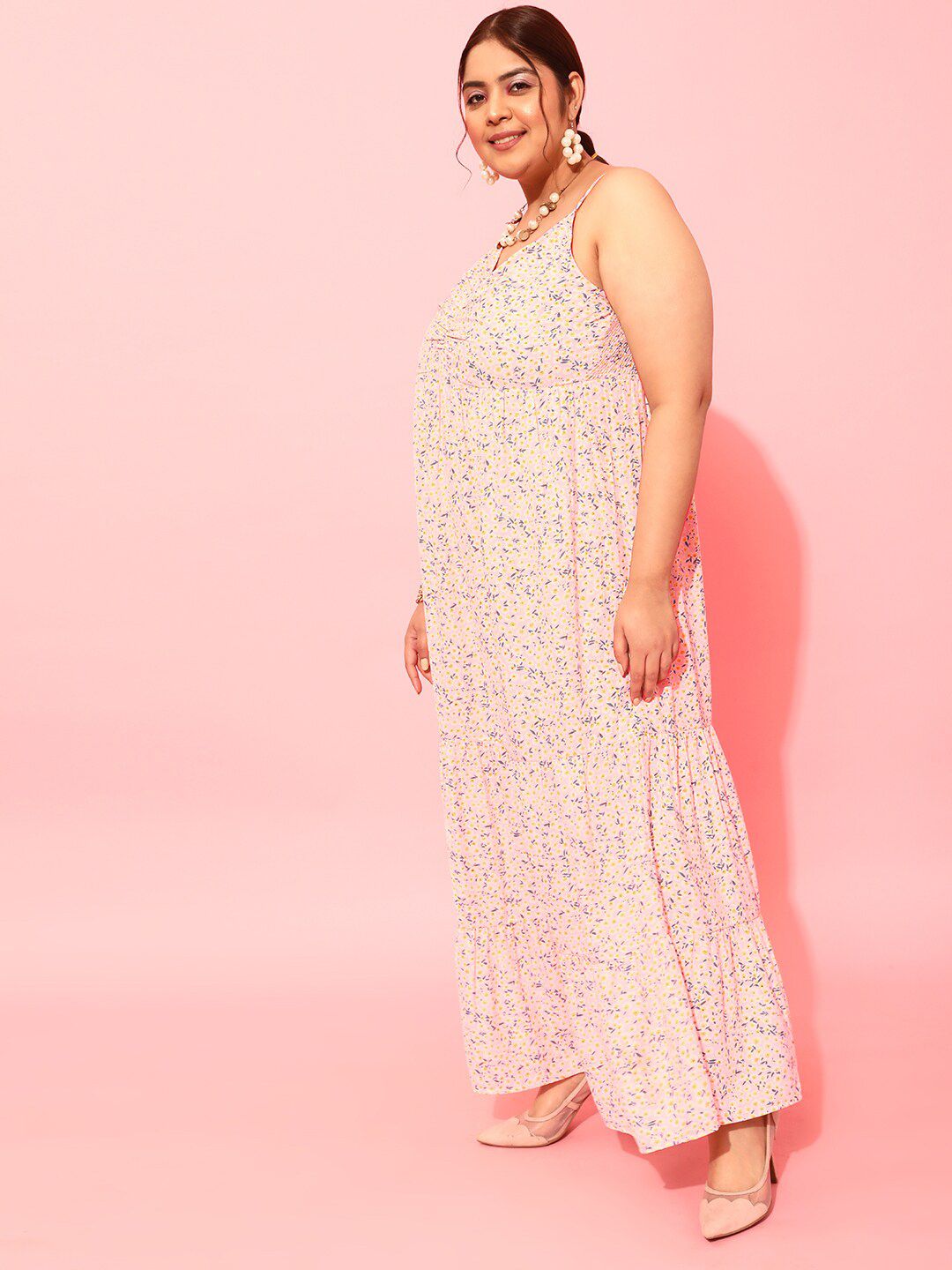 CURVY STREET Plus Size Peach-Coloured & White Floral Printed Shoulder Straps A-Line Dress