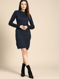 all about you Navy Blue Self Design Jumper Dress