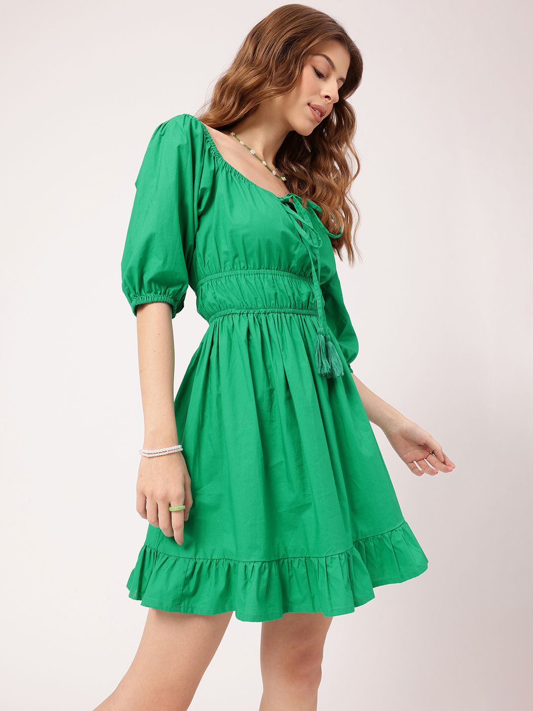 Effortless Cute Cinched Waist Off-Shoulder A-Line Mini Dress
