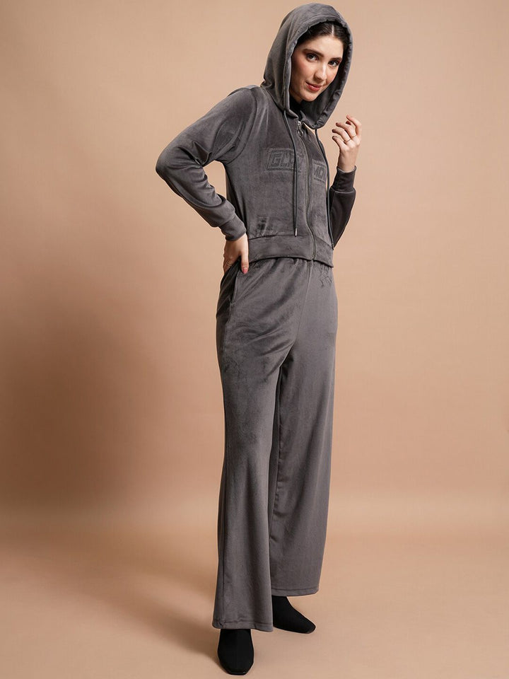 Tokyo Talkies Embellished Hooded Cropped Sweatshirt & Wide Leg Trousers