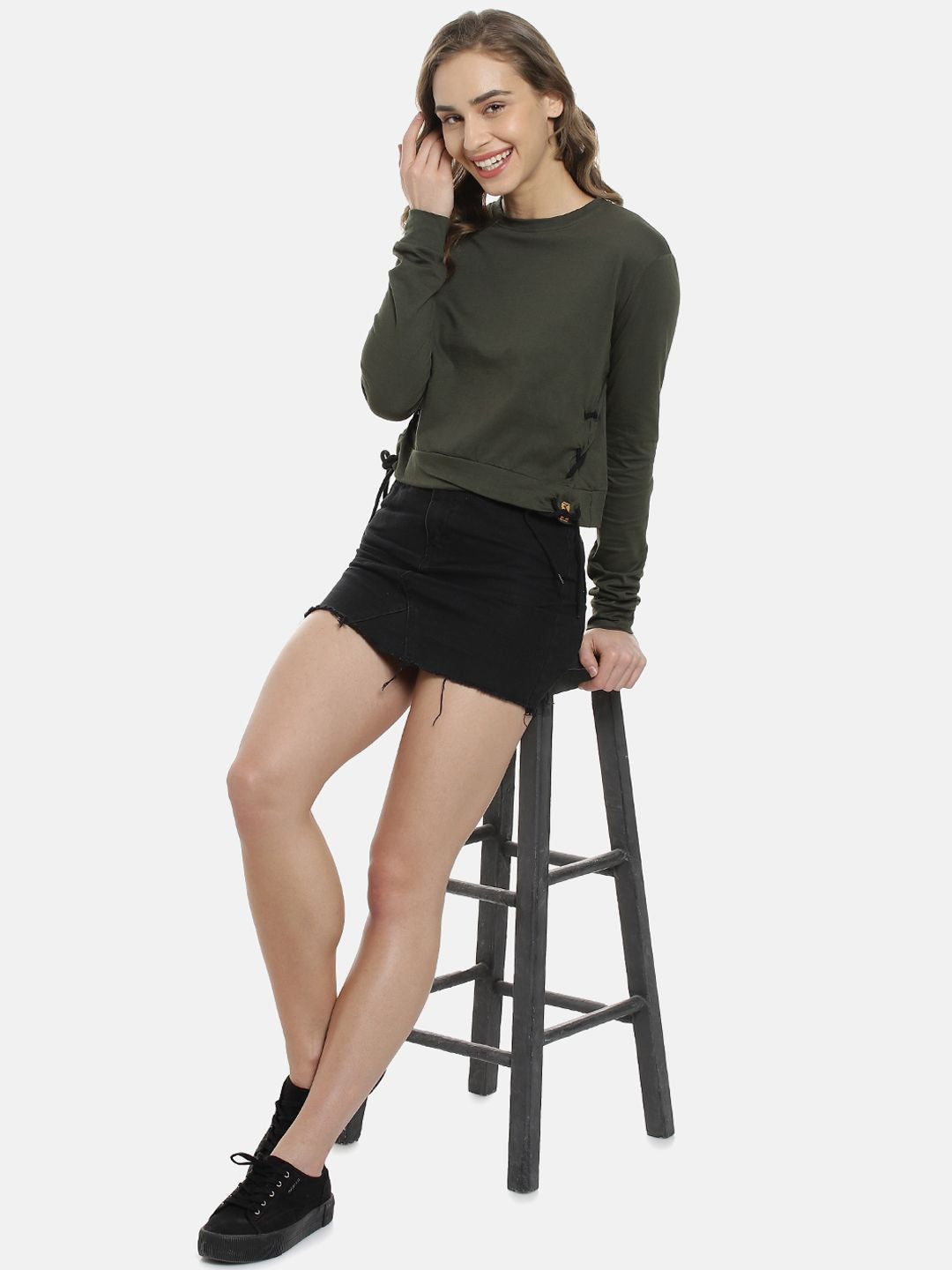 Campus Sutra Women Olive Green Solid Crop Pure Cotton Top