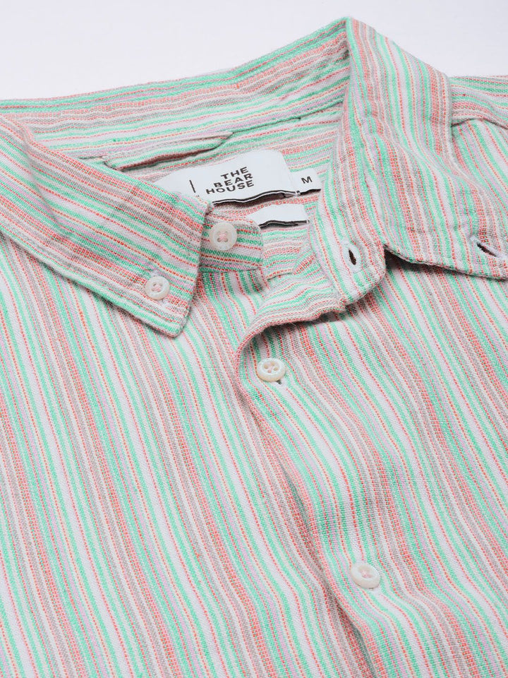 THE BEAR HOUSE Men Grey & Pink Slim Fit Striped Casual Shirt