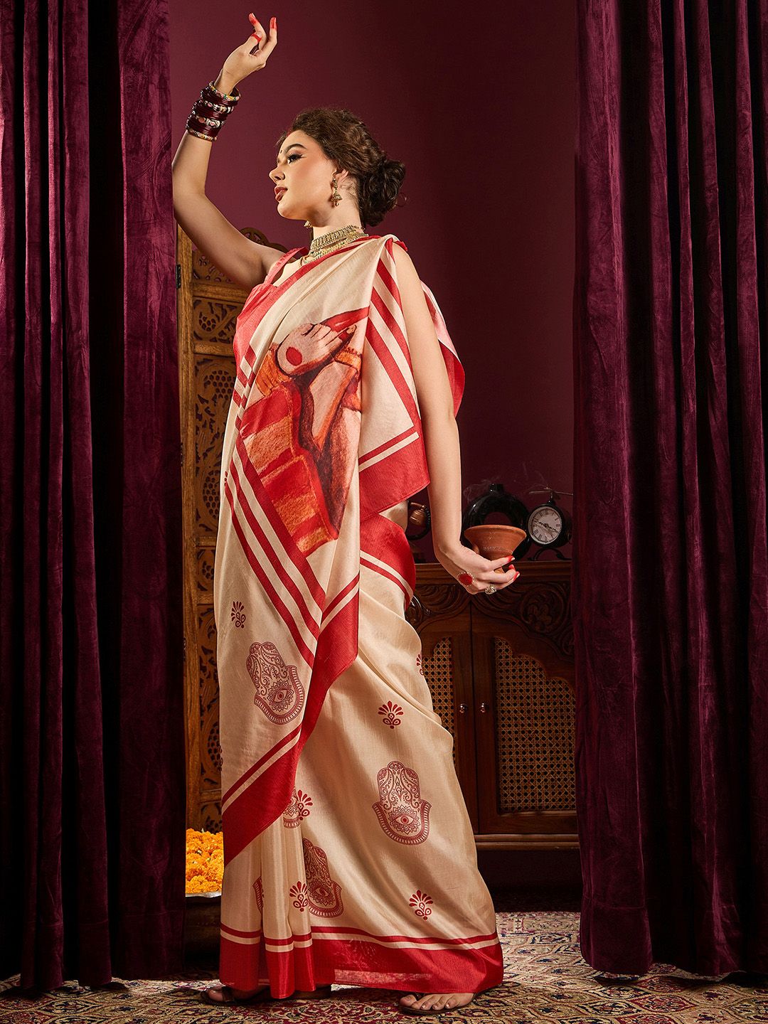 Saree mall Off White Ethnic Printed Durga Puja Saree