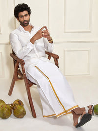 VASTRAMAY Shirt Collar Long Roll-Up Sleeves Shirt With Veshti
